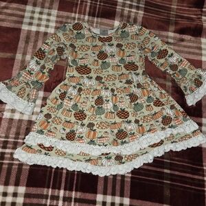 5T Pumpkin Patterned Dress with Lace Trim